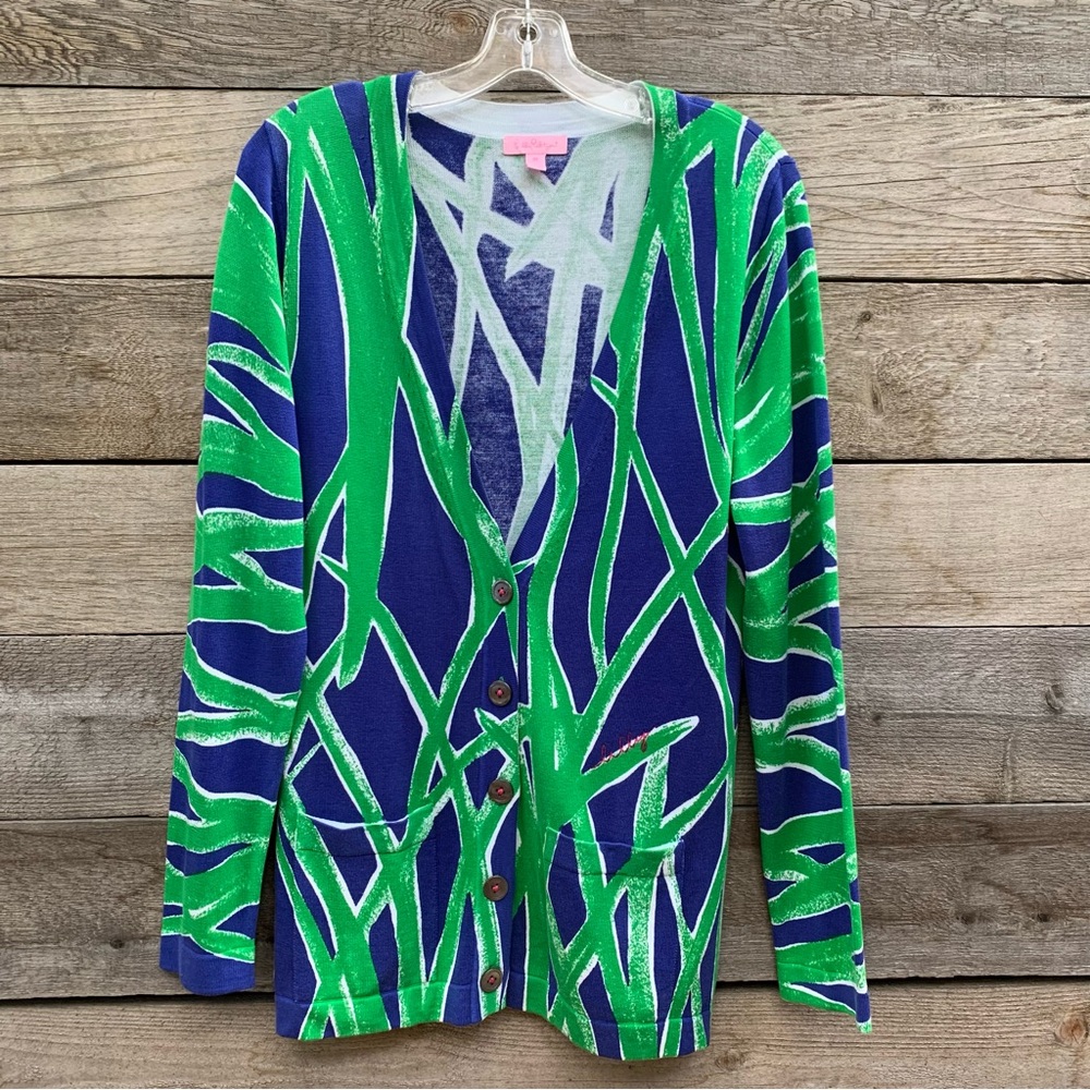 Lilly Pulitzer Cardigan Sweater Womens M Silk Cotton Print Tunic Button Pockets